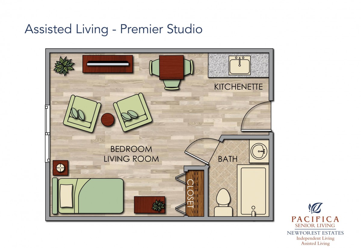 Floor plan of an assisted living premier studio featuring a combined bedroom and living room area, a kitchenette, and a bathroom.