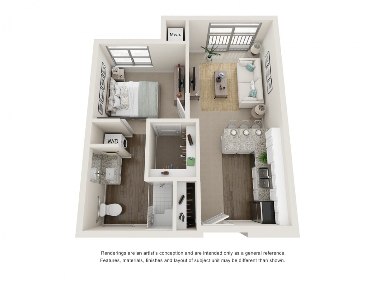 A 3D rendering of a one-bedroom apartment floor plan featuring a kitchen, living room, bathroom, and balcony.