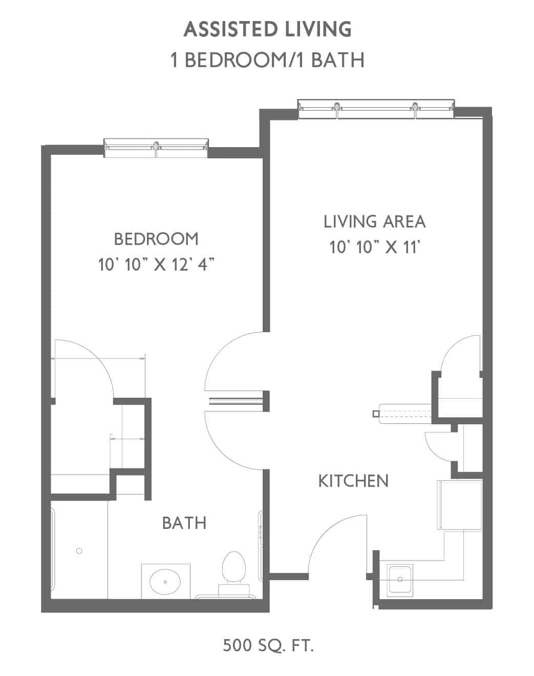 A floor plan of a one-bedroom apartment with living area, kitchen, and bathroom.