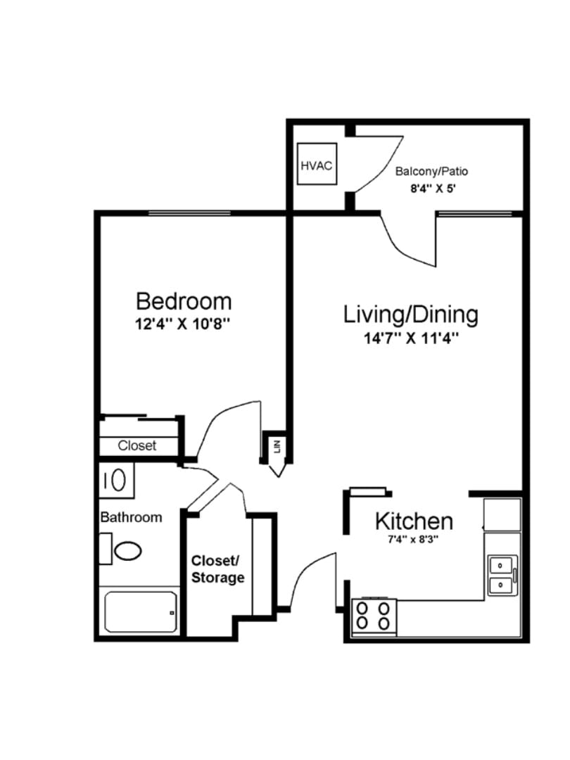 One-bedroom apartment floor plan with living/dining area, kitchen, bathroom, and storage space.