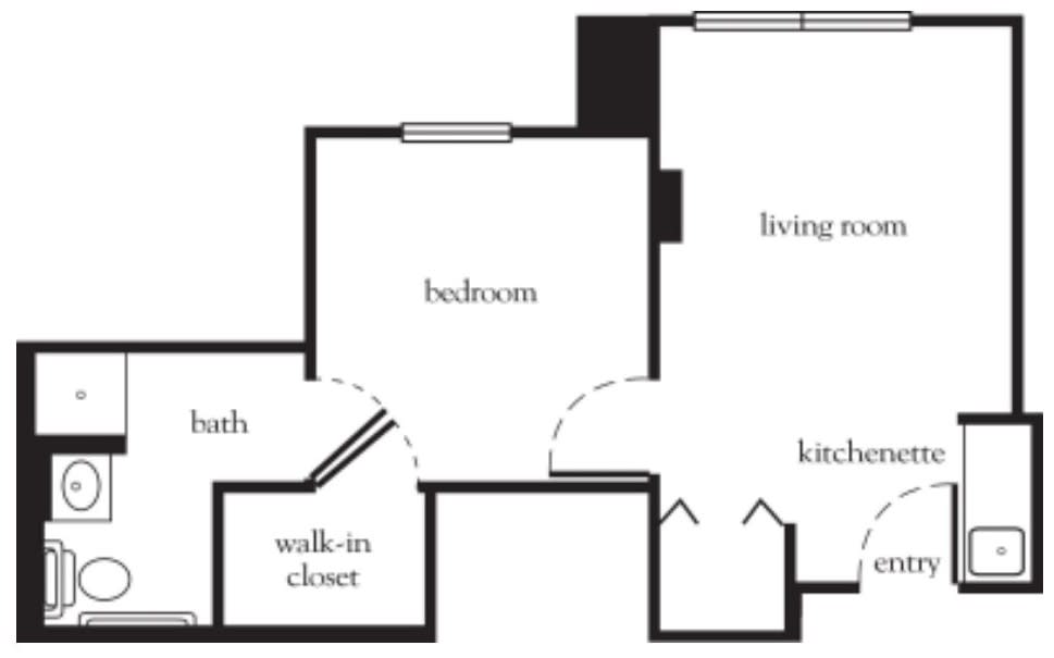 A simple floor plan illustrating an apartment layout with a bedroom, living room, kitchen, bathroom, and walk-in closet.