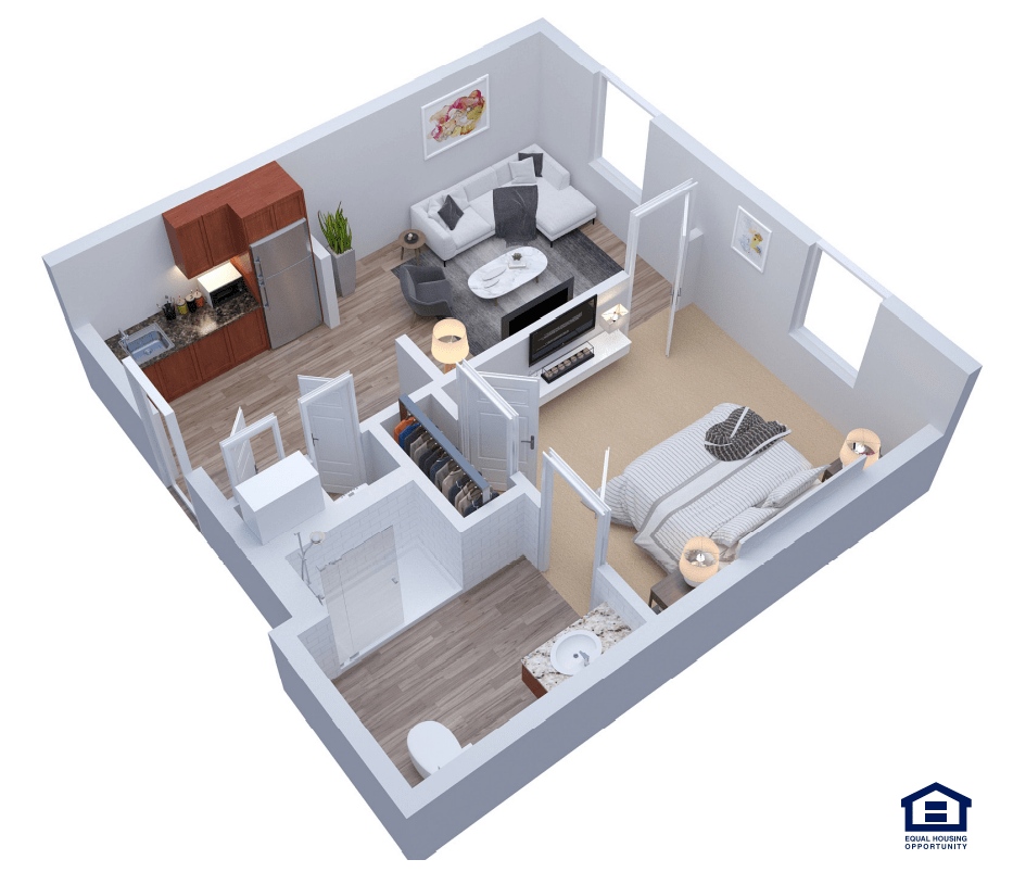 A 3D floor plan of a one-bedroom apartment, showcasing the layout with a kitchen, living area, bedroom, and bathroom.