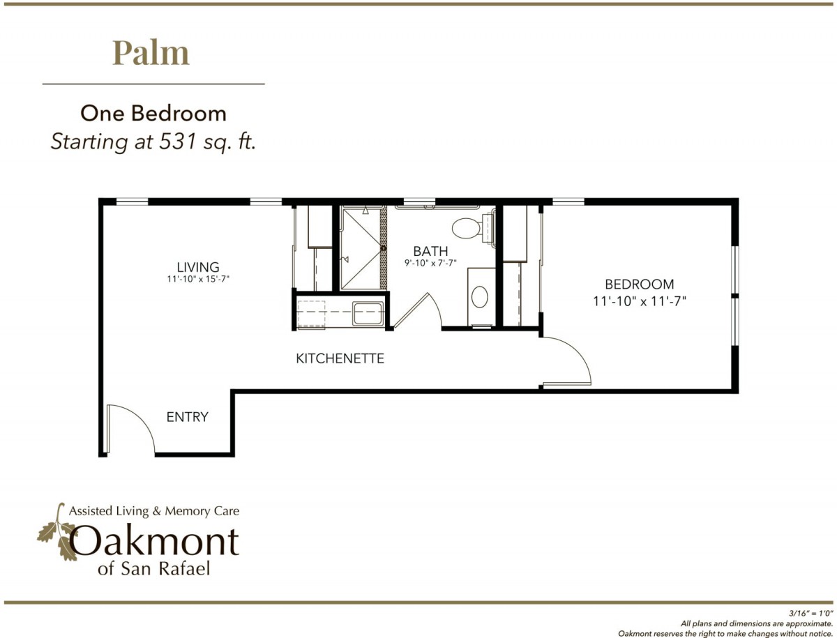Floor plan of a one-bedroom apartment measuring 537 sq. ft.