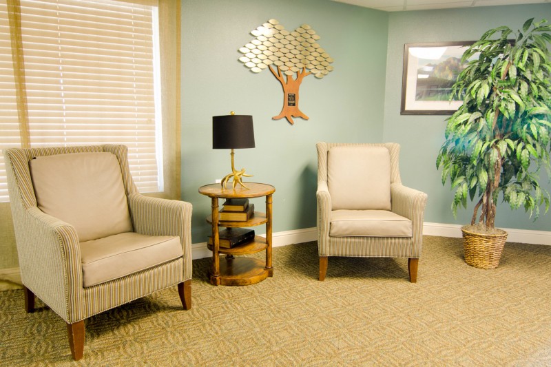 A cozy living room with comfortable chairs, a side table with a lamp, wall decor, and an indoor plant.