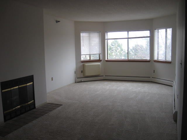 An empty living room with large windows, carpeted floors, and a fireplace.