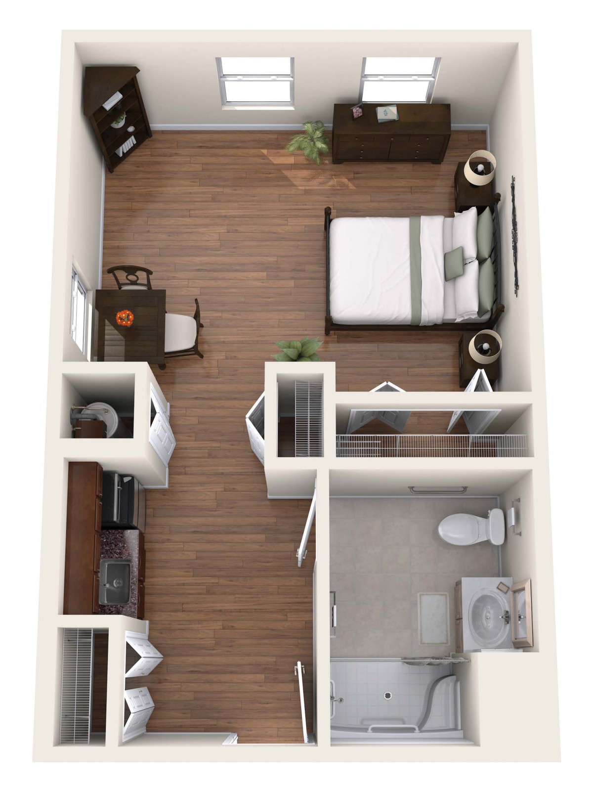 A 3D floor plan of a one-bedroom apartment with modern furnishings.