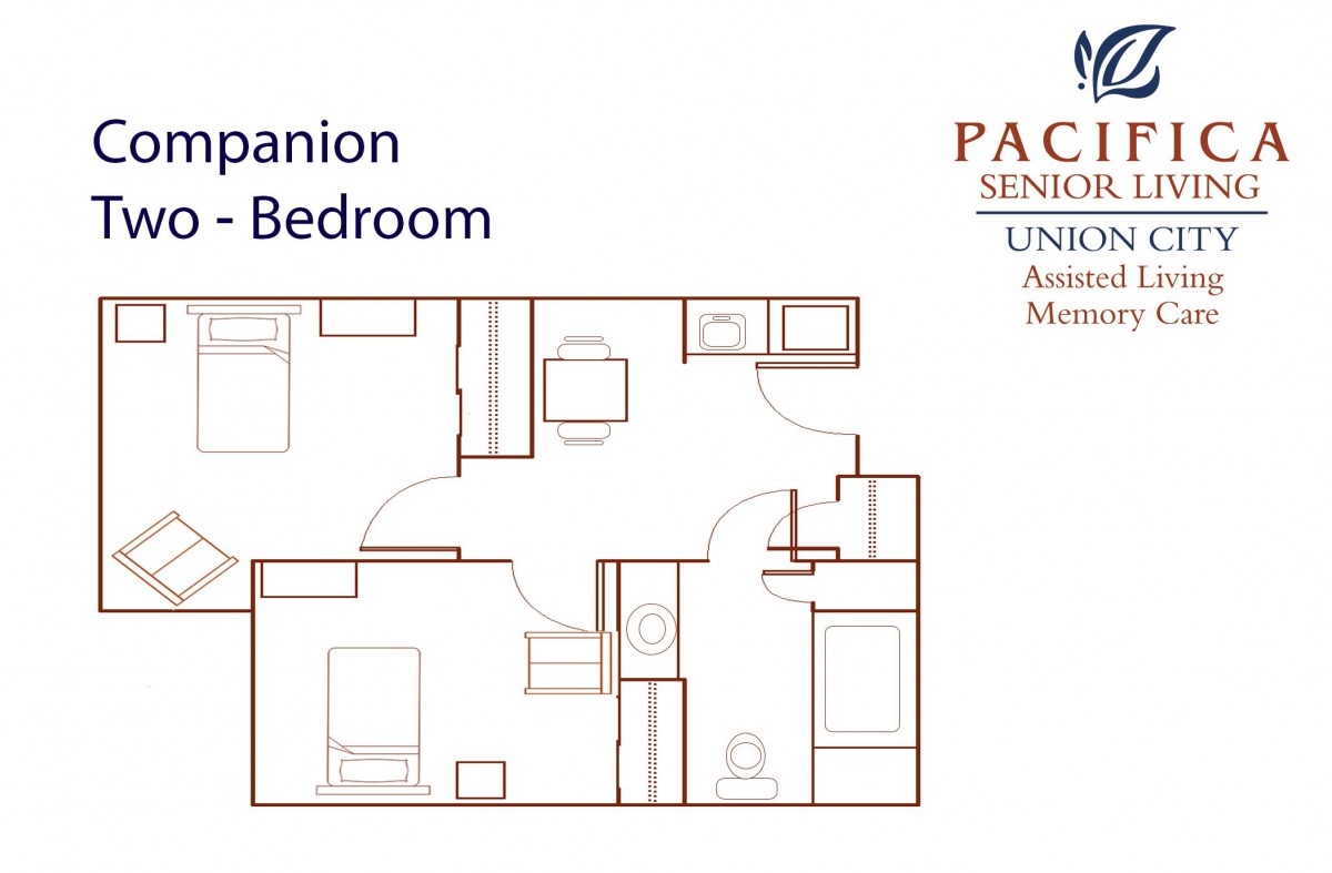 Floor plan for a companion suite with two bedrooms at Pacifica Senior Living.