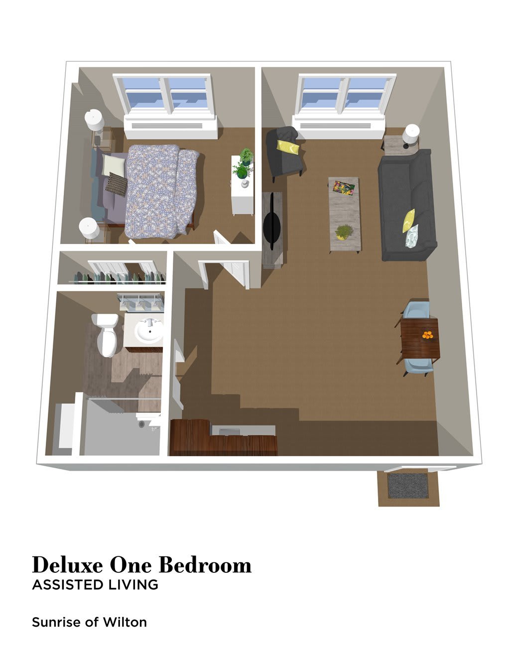 3D floor plan of a deluxe one-bedroom apartment.