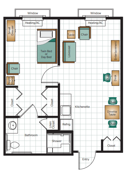 A detailed floor plan of an apartment, showcasing the layout of various rooms and furniture placements.
