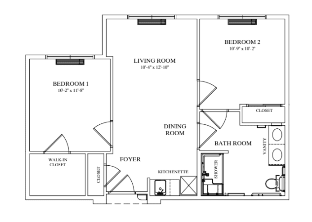Floor plan of a two-bedroom apartment with labeled rooms and dimensions.