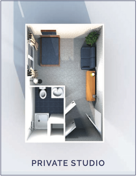 A minimalist bedroom floor plan showcasing a compact layout with essential furniture and amenities.