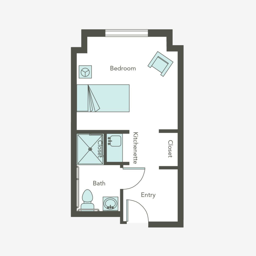 A floor plan of a studio apartment featuring a bathroom, kitchen area, and main living space.