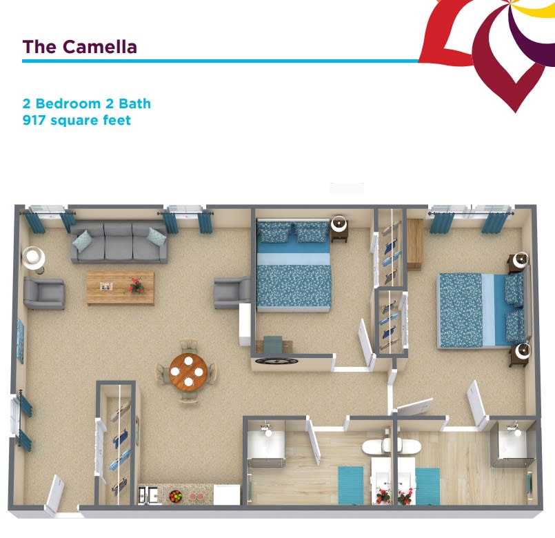 The Camellia apartment floor plan featuring 3 bedrooms and 3 baths over 917 square feet.
