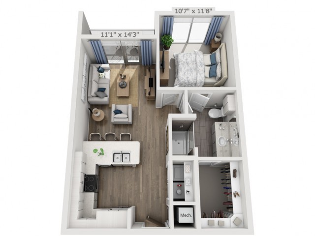 A 3D floor plan of a modern one-bedroom apartment featuring a living room, kitchen, bedroom, and bathroom.