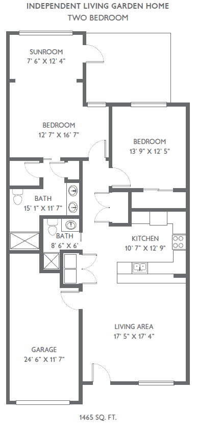 A floor plan of a two-bedroom apartment featuring a kitchen and two bathrooms.