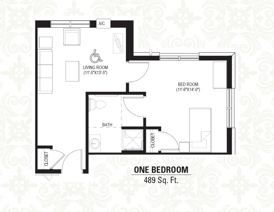 A floor plan of a one-bedroom apartment measuring 469 square feet.