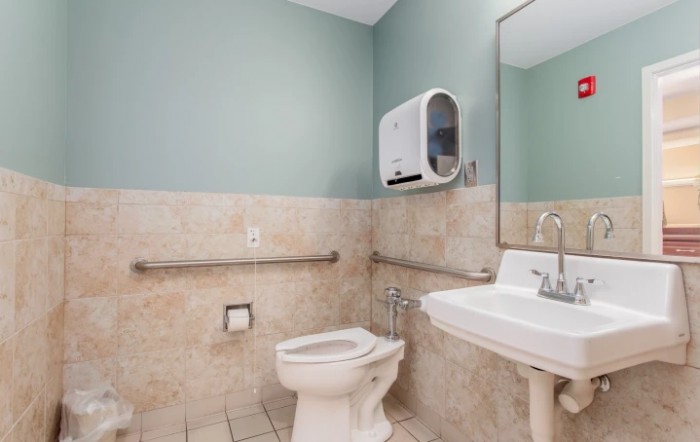 A clean, accessible bathroom with a toilet, sink, and mirror, featuring handrails and a soap dispenser.
