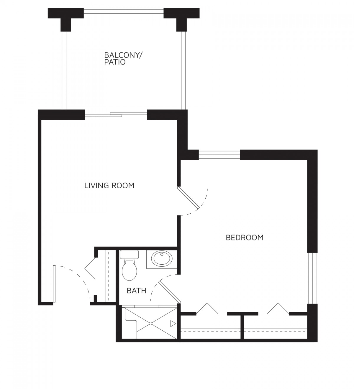 A simple floor plan of a one-bedroom apartment with a living room, bathroom, and balcony.