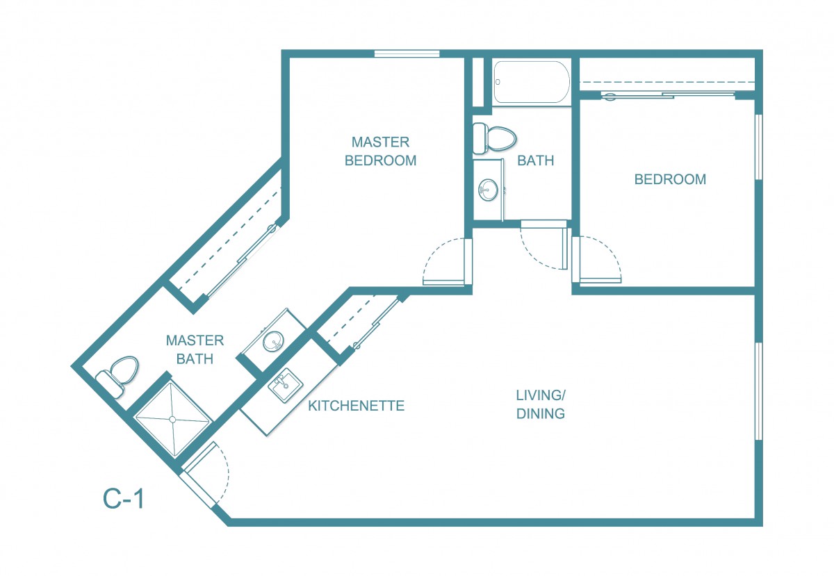 This is a floor plan illustrating the layout of an apartment, featuring a master bedroom, second bedroom, two bathrooms, a kitchenette, and a living/dining area.