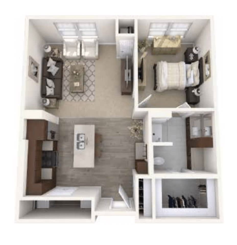 A floor plan of a one-bedroom apartment featuring a kitchen, living room, bedroom, and bathroom.