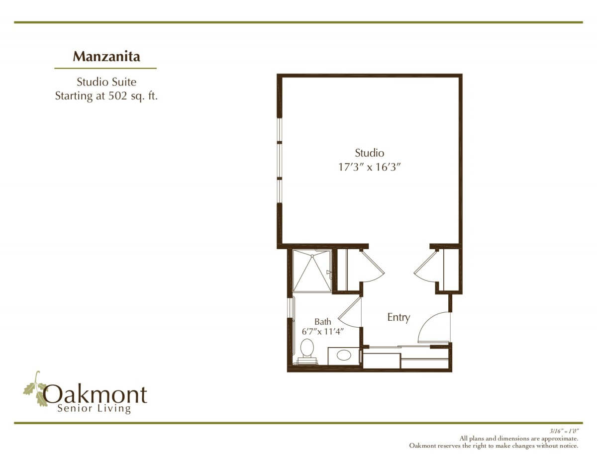 A floor plan of a studio apartment with an area of 503 sq. ft.