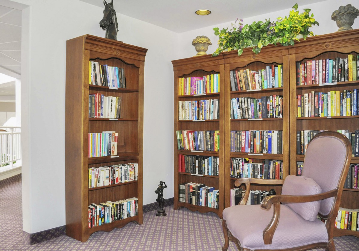 A cozy library corner with wooden bookshelves filled with books and an armchair for reading.