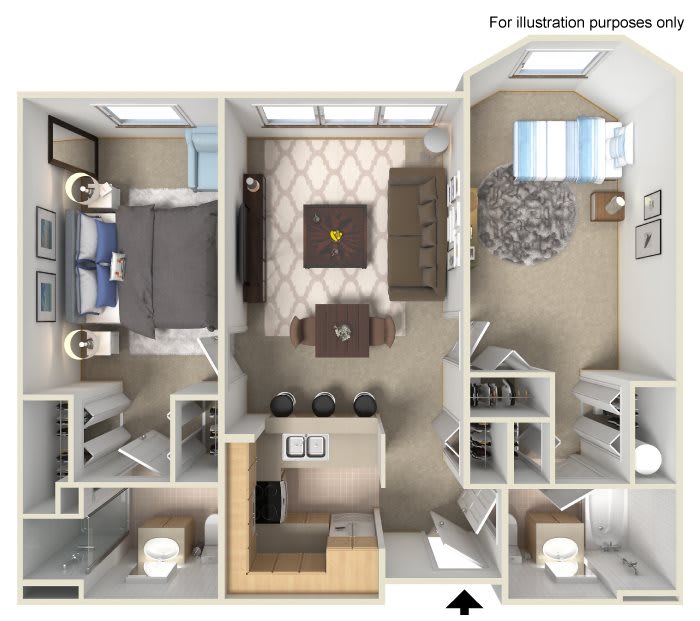 3D rendering of a two-bedroom apartment floor plan.