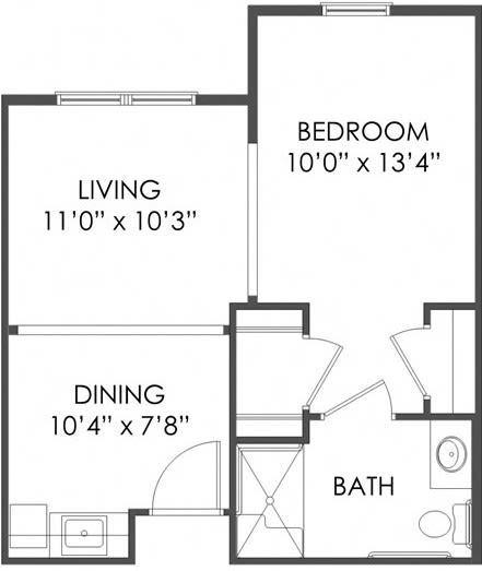 A floor plan of an apartment with labeled dimensions for the living room, bedroom, dining area, and bathroom.