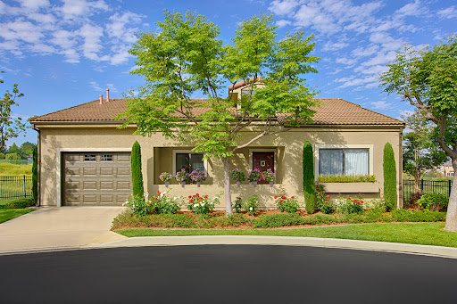 A charming residential home surrounded by lush greenery and a bright blue sky.