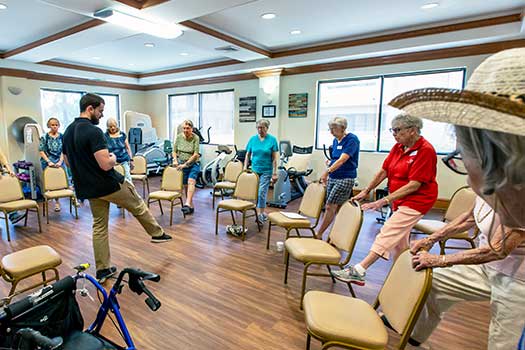 A group of seniors participating in a chair-based exercise class at a community center.