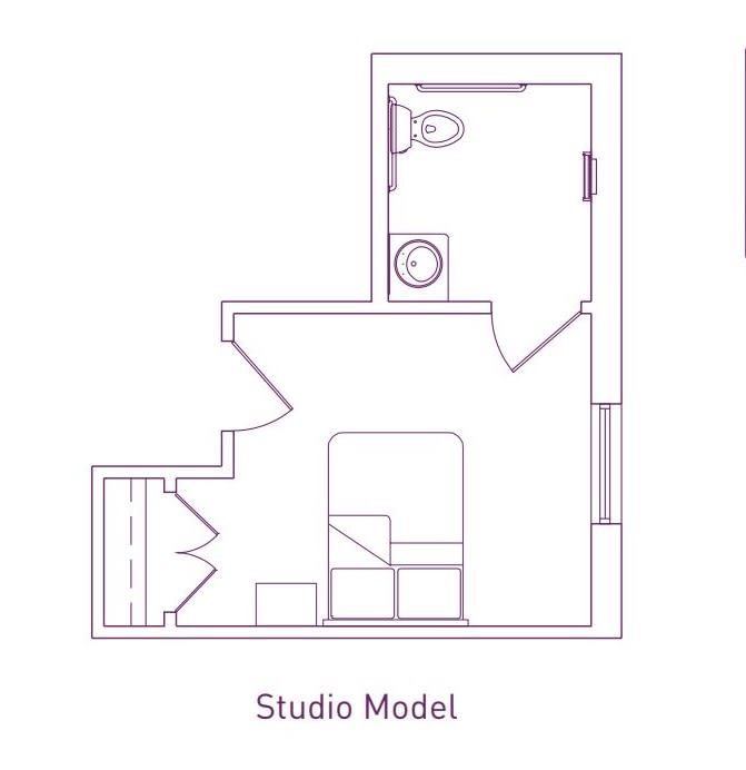 Studio apartment floor plan with bathroom and living area.