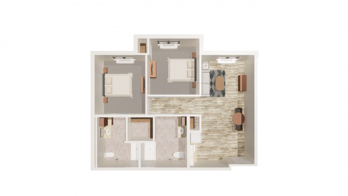 Two-bedroom apartment floor plan with living area and kitchen.