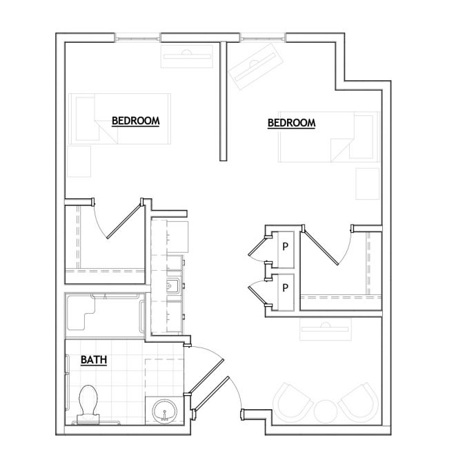 A simple floor plan layout of an apartment with two bedrooms and a bathroom.