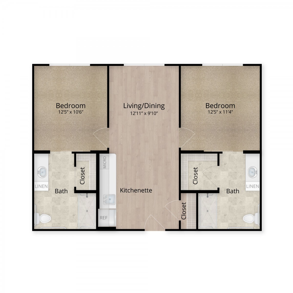An apartment floor plan featuring two bedrooms, a living and dining area, and two bathrooms.