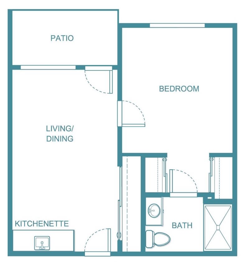 A one-bedroom apartment floor plan featuring a living/dining area, kitchenette, patio, and bathroom.