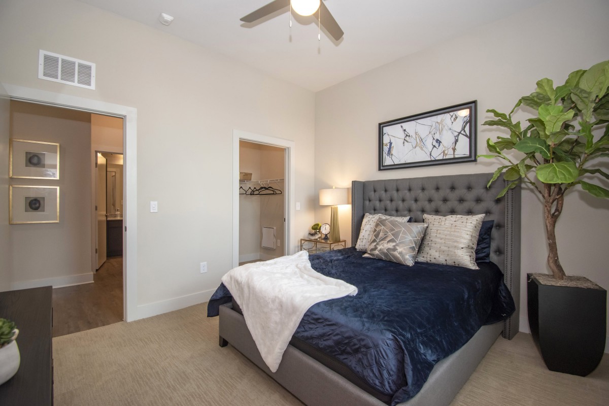 A modern bedroom featuring a plush bed with navy bedding, stylish artwork, and subtle lighting from a nightstand lamp.