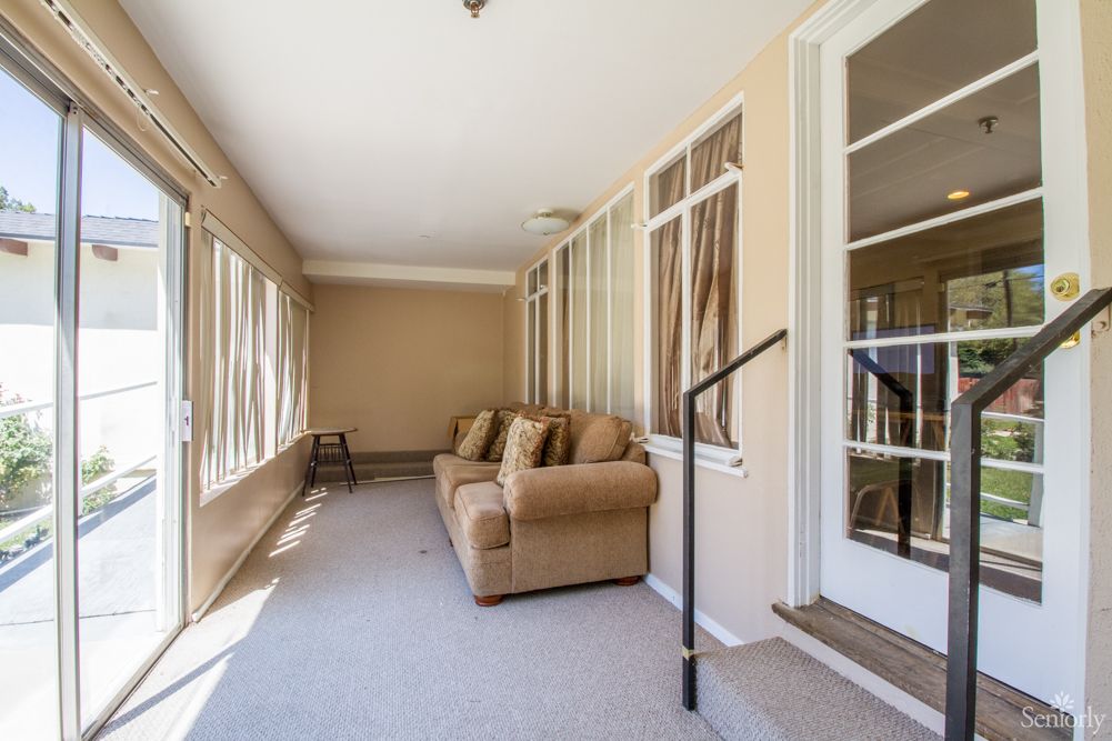 A bright sunroom with large windows, featuring a comfortable sofa and carpeted flooring.