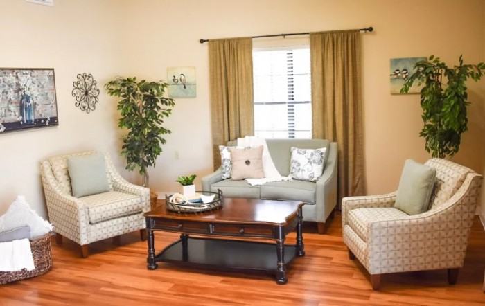 A cozy living room with a sofa, armchairs, and a coffee table, decorated with throw pillows and an indoor plant on a hardwood floor.