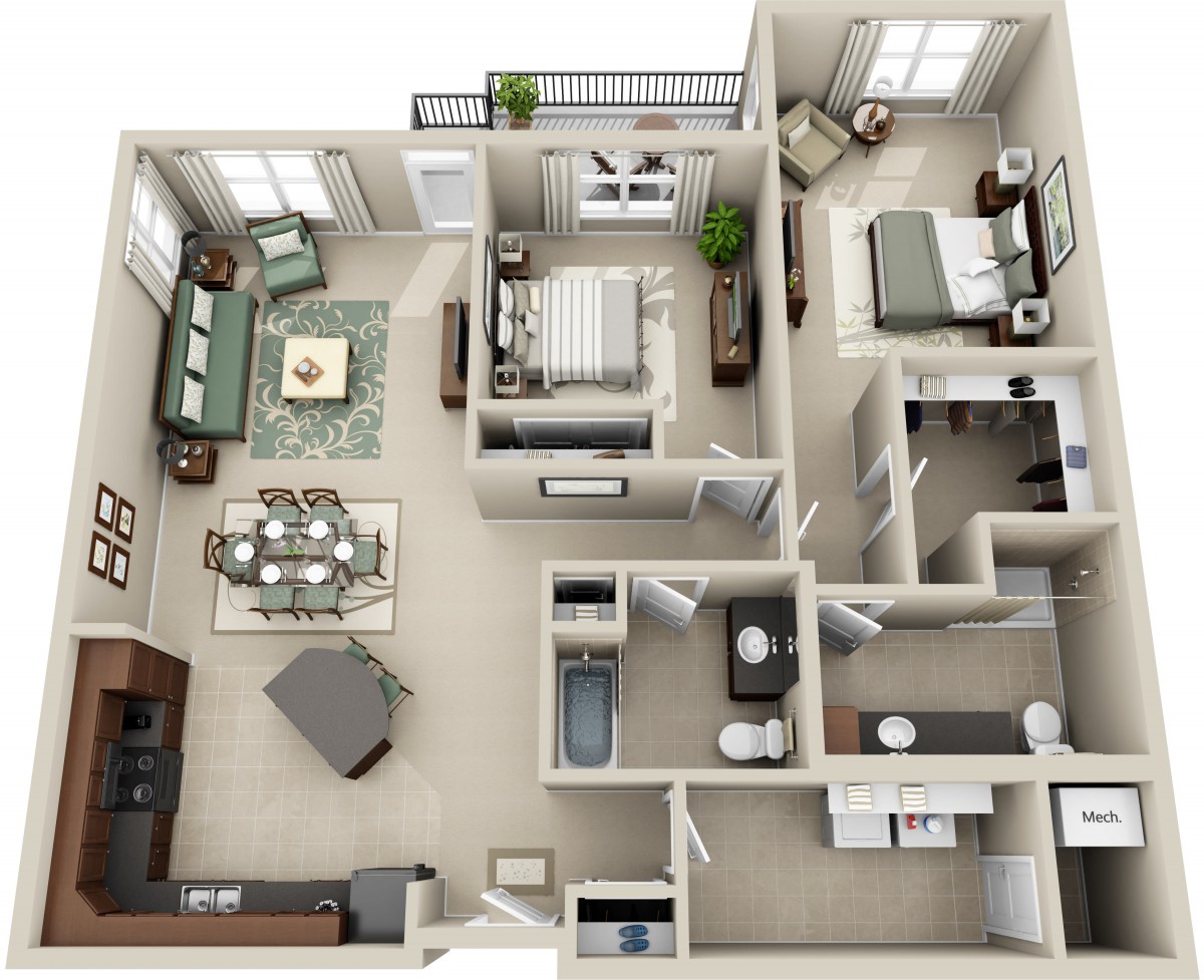 A 3D floor plan of a two-bedroom apartment featuring a living room, kitchen, and bathrooms.