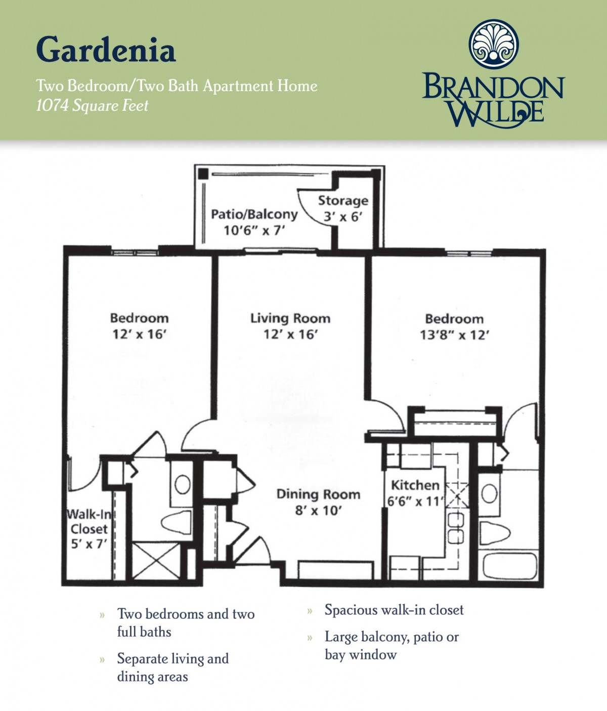 Floor plan of a two-bedroom apartment with labeled rooms and dimensions.