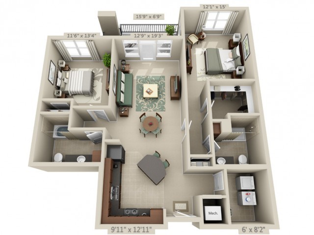 A 3D floor plan of a two-bedroom apartment featuring a living room, kitchen, dining area, and bathroom.