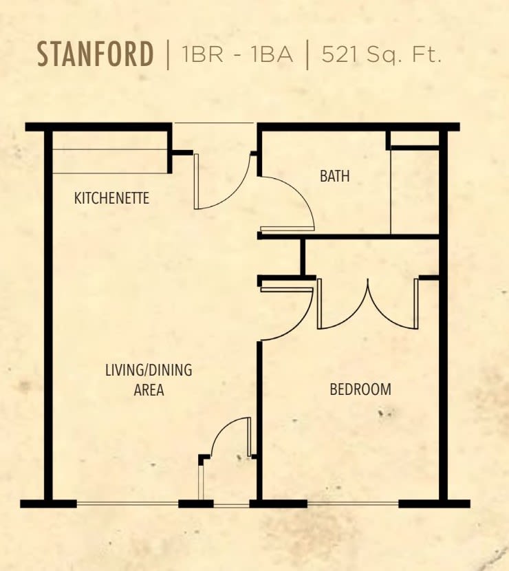 Stanford apartment floor plan with 1 bedroom and 1 bath, totaling 571 square feet.