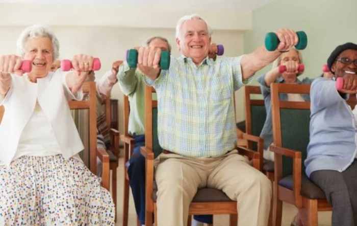 A group of elderly individuals participating in a seated exercise class using dumbbells.