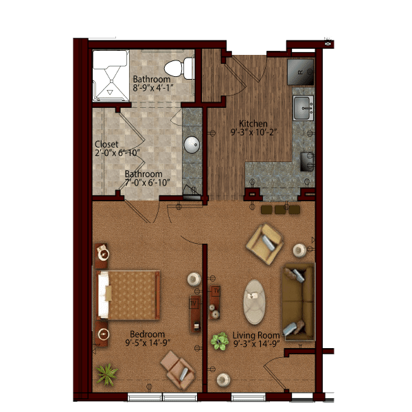 A detailed floor plan of a one-bedroom apartment featuring a living room, kitchen, and bathroom.