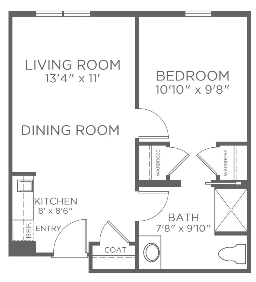 A floor plan of a one-bedroom apartment including a living room, kitchen, dining room, and bathroom.