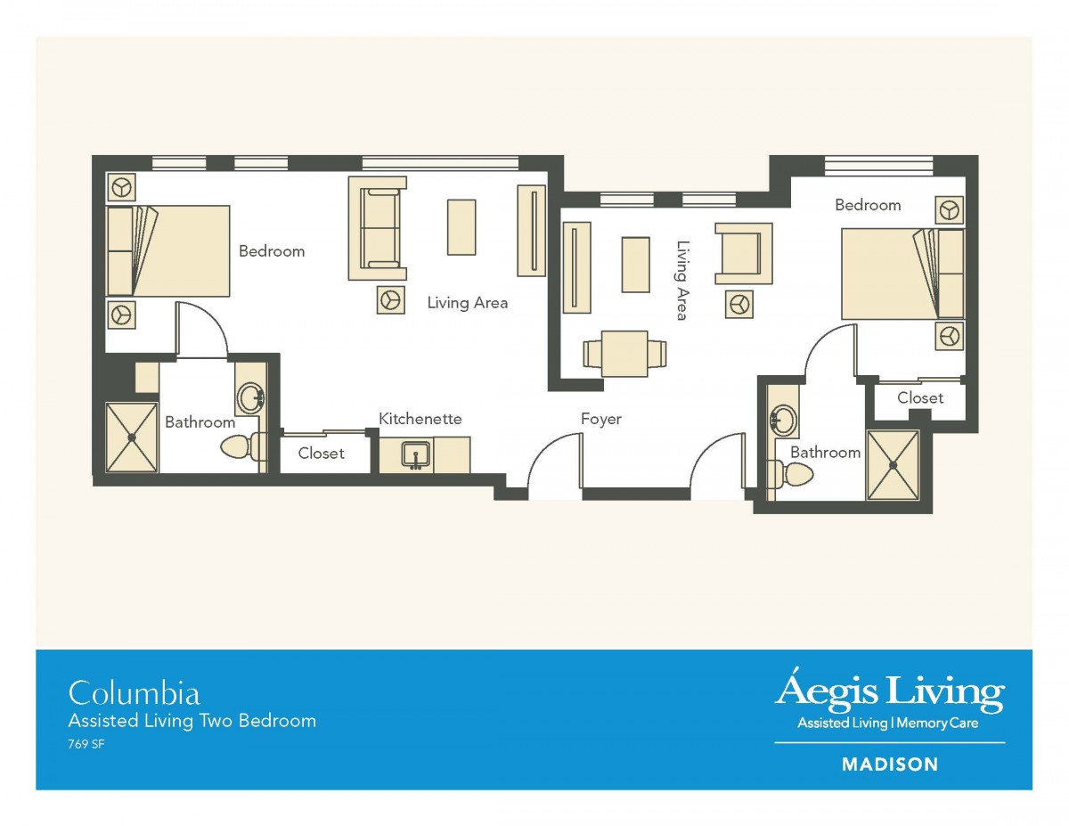 Floor plan of a two-bedroom apartment with a living room, kitchen, and two bathrooms.