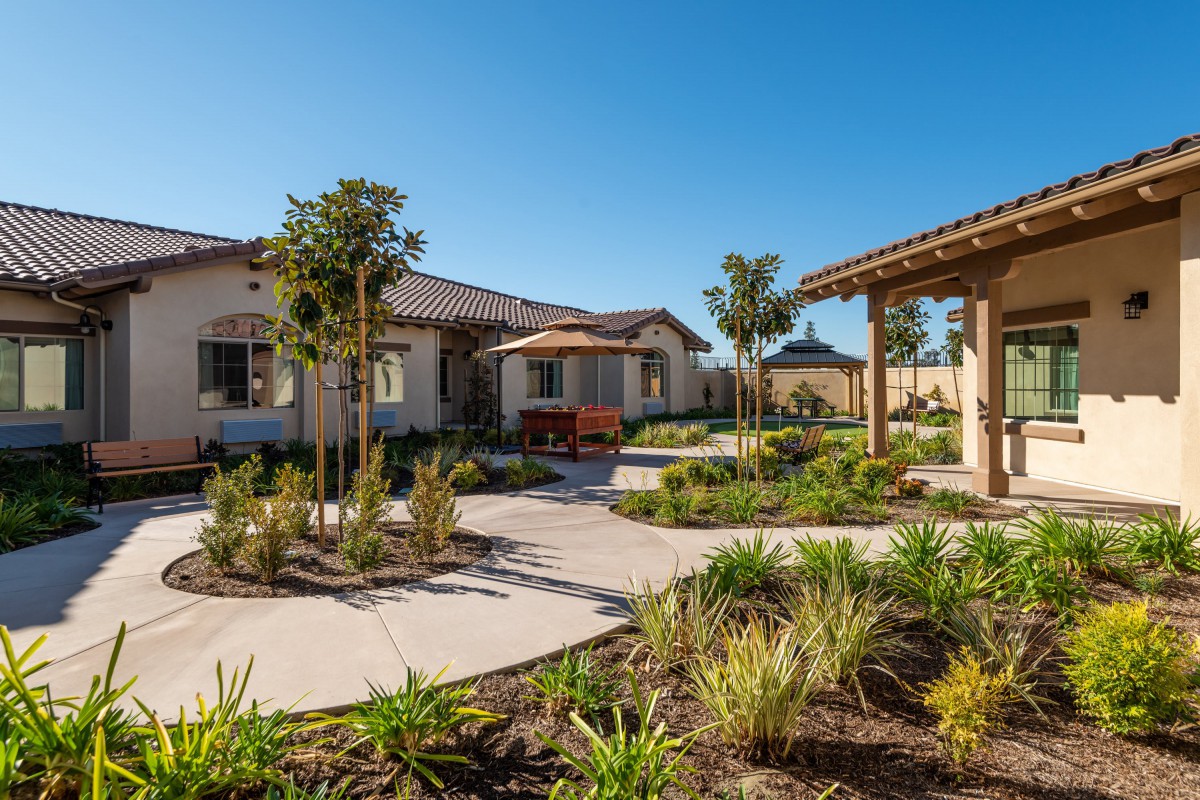 A serene outdoor area featuring houses, a well-maintained garden with a pathway lined by plants and young trees.