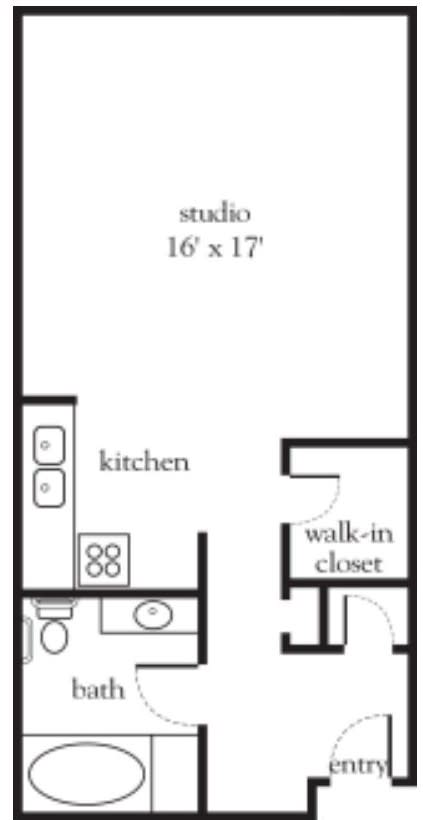 Studio apartment floor plan with kitchen and walk-in closet.