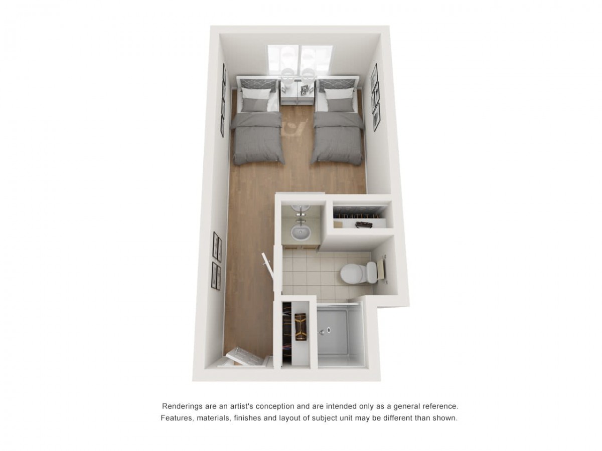 A 3D floor plan of a small apartment featuring two beds, a bathroom, and a kitchen area.