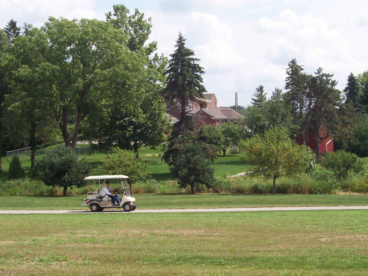 A golf cart drives down a path surrounded by trees and grass in a park-like setting.